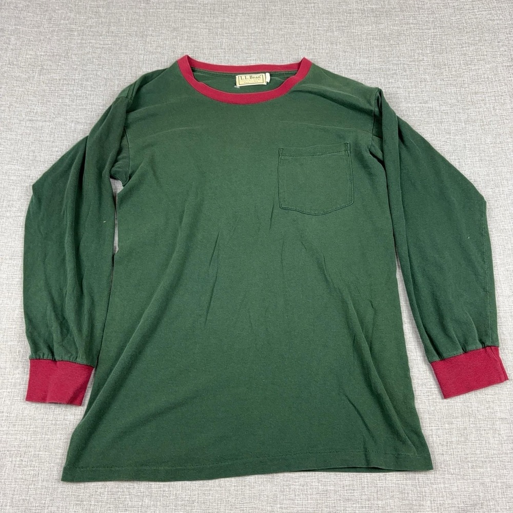 Vintage L.L. Bean Shirt Mens M Green Long Sleeve Ringer Pocket Tee Made USA